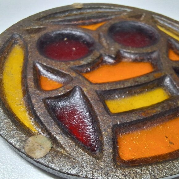 Owl Stained Glass Coaster Metal Vintage Orange Red 3.5 Inches - Picture 3 of 8
